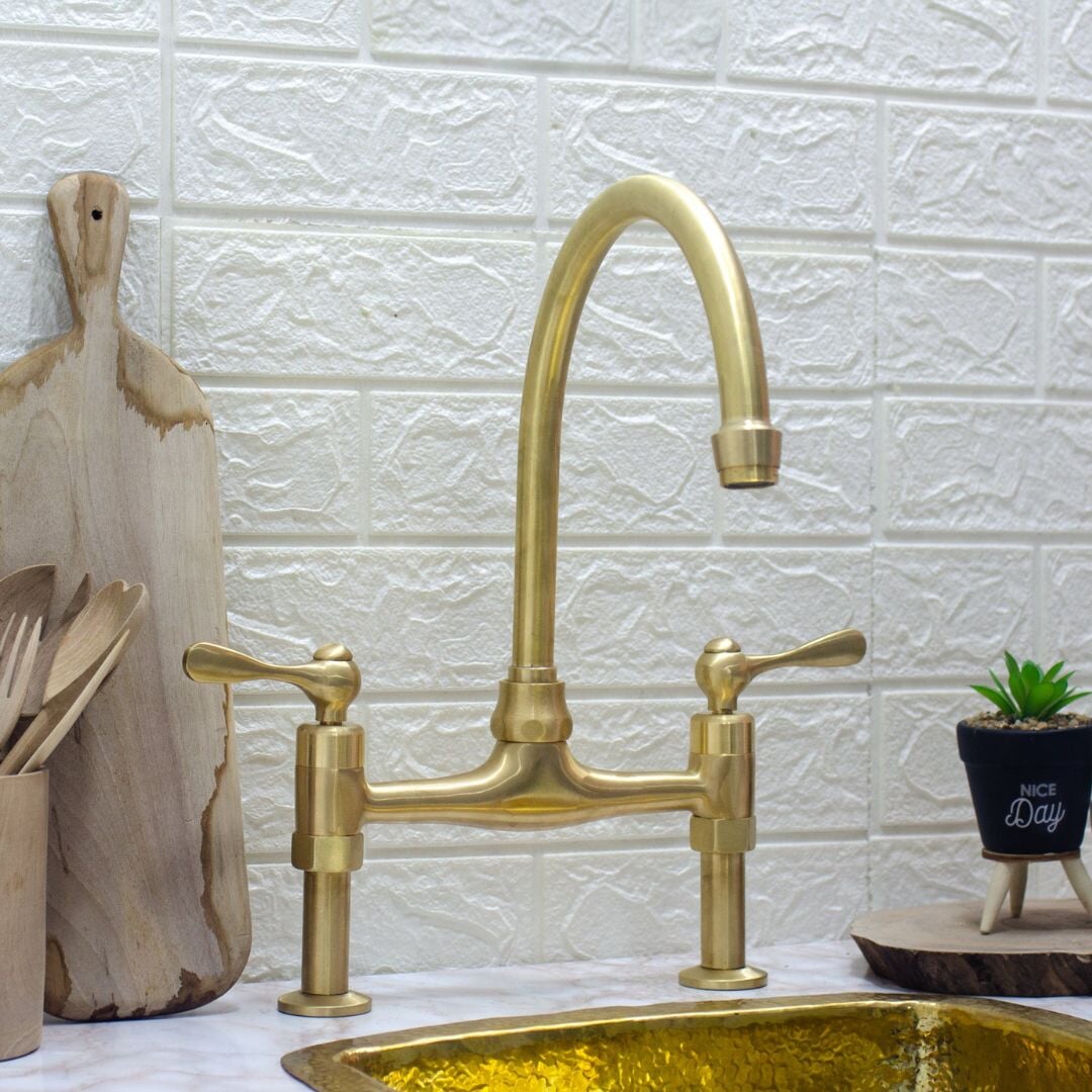 8" Brass Bridge faucet, Unlacquered Brass straight legs Faucet with classic Lever Handles