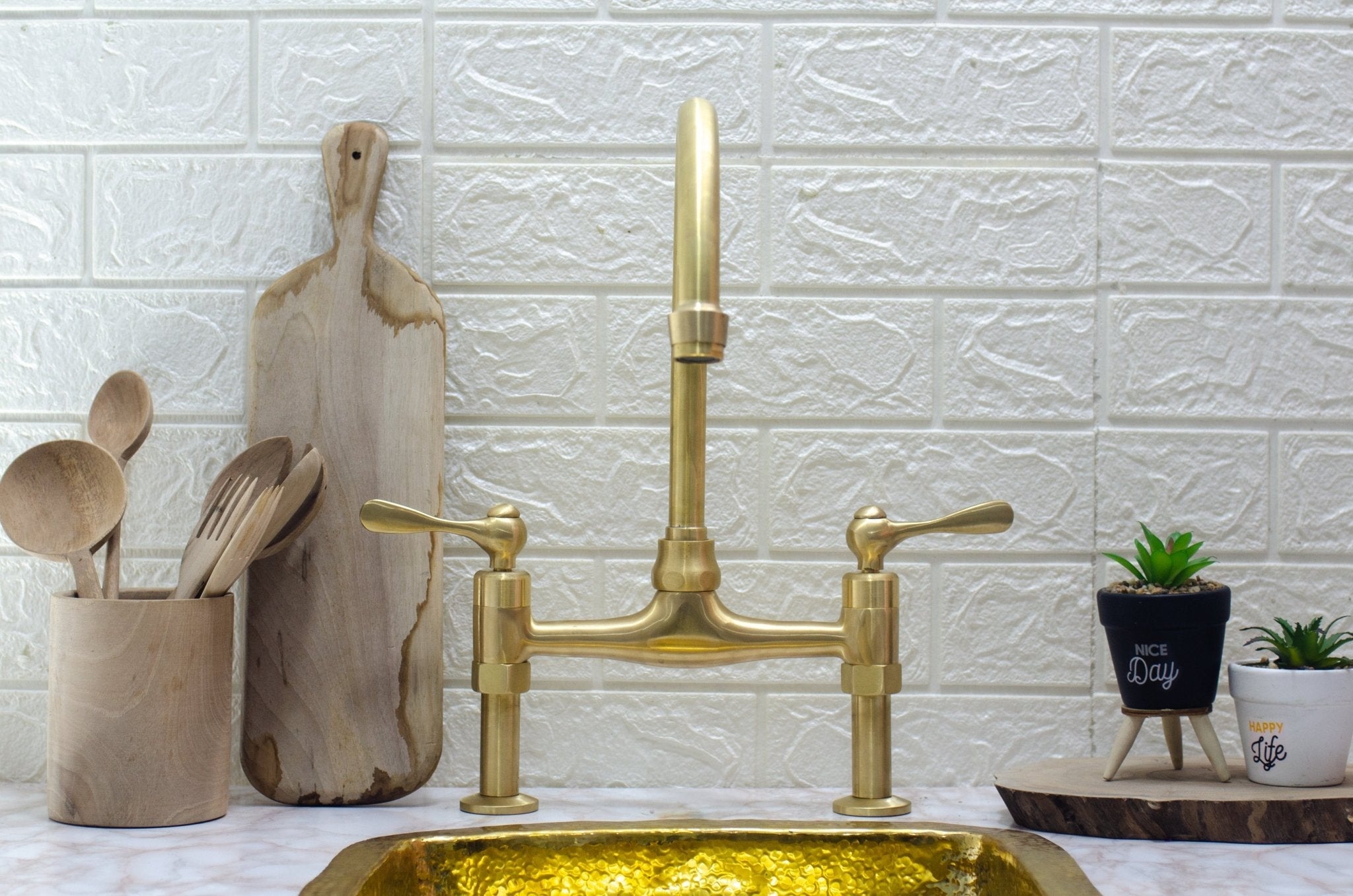 8" Brass Bridge faucet, Unlacquered Brass straight legs Faucet with classic Lever Handles