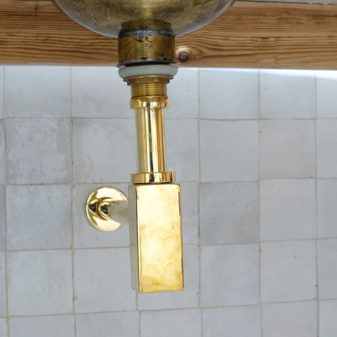 Solid Unlacquered Brass P-trap and Sink Stopper, Push Up Button, Pop Up Drain, Brass Water Trap