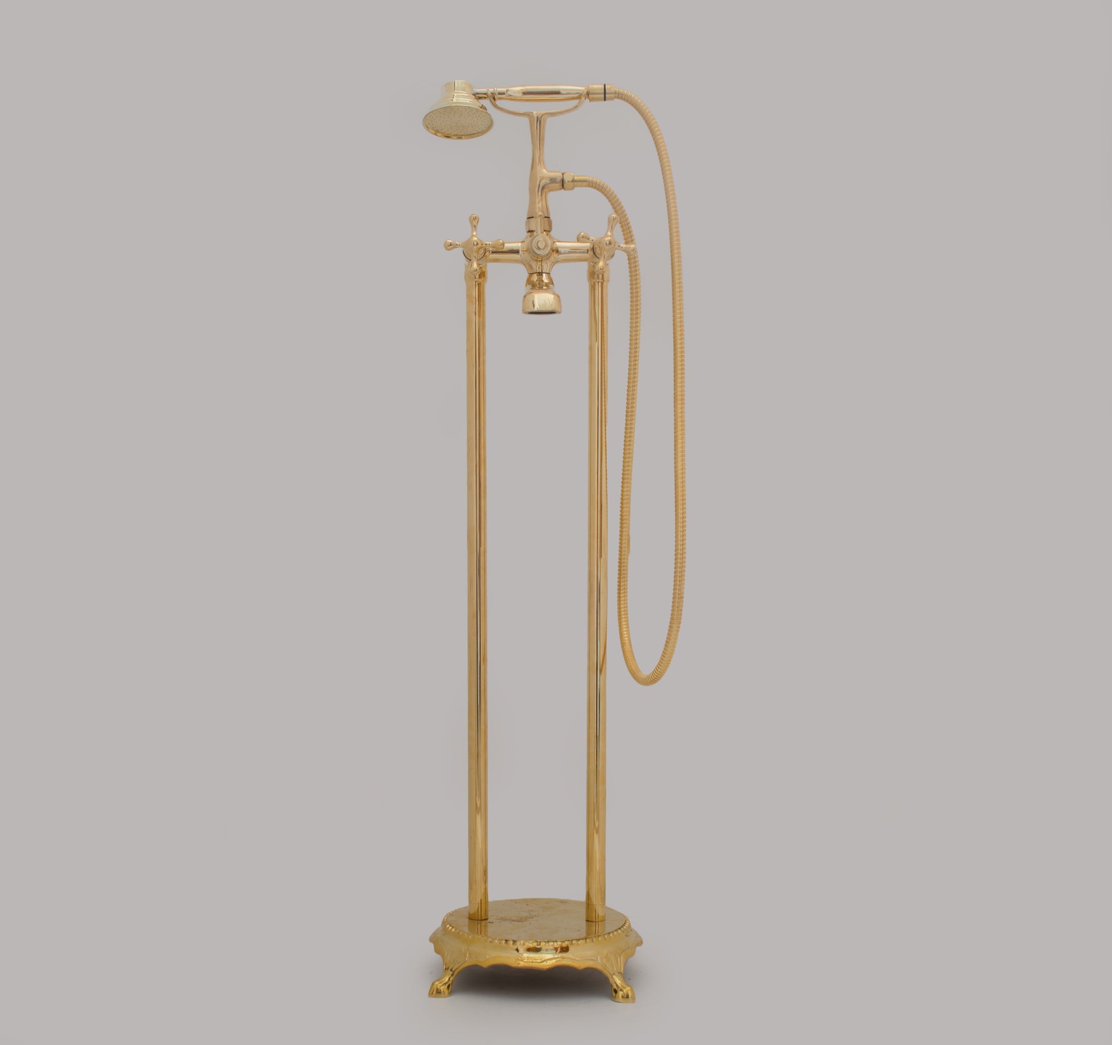 Unlacquered Brass Freestanding Tub Filler, Solid Brass Tub Faucet With Handheld, Floor Mount Bathtub Faucet