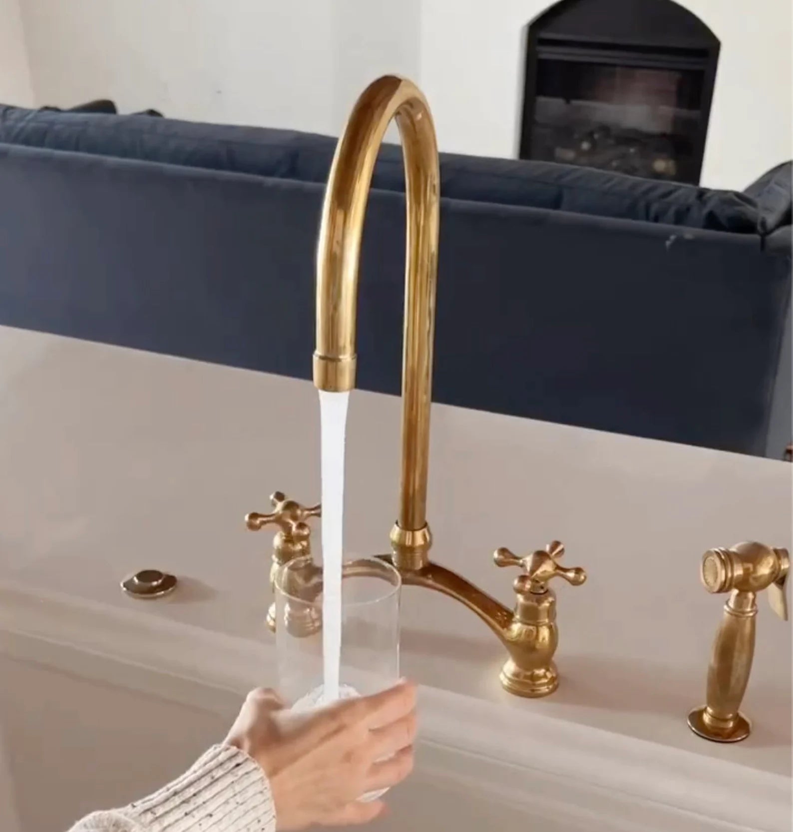 Unlacquered Brass Kitchen Faucet, Arched Bridge Faucet With Sprayer, Antique Brass Gold Faucet