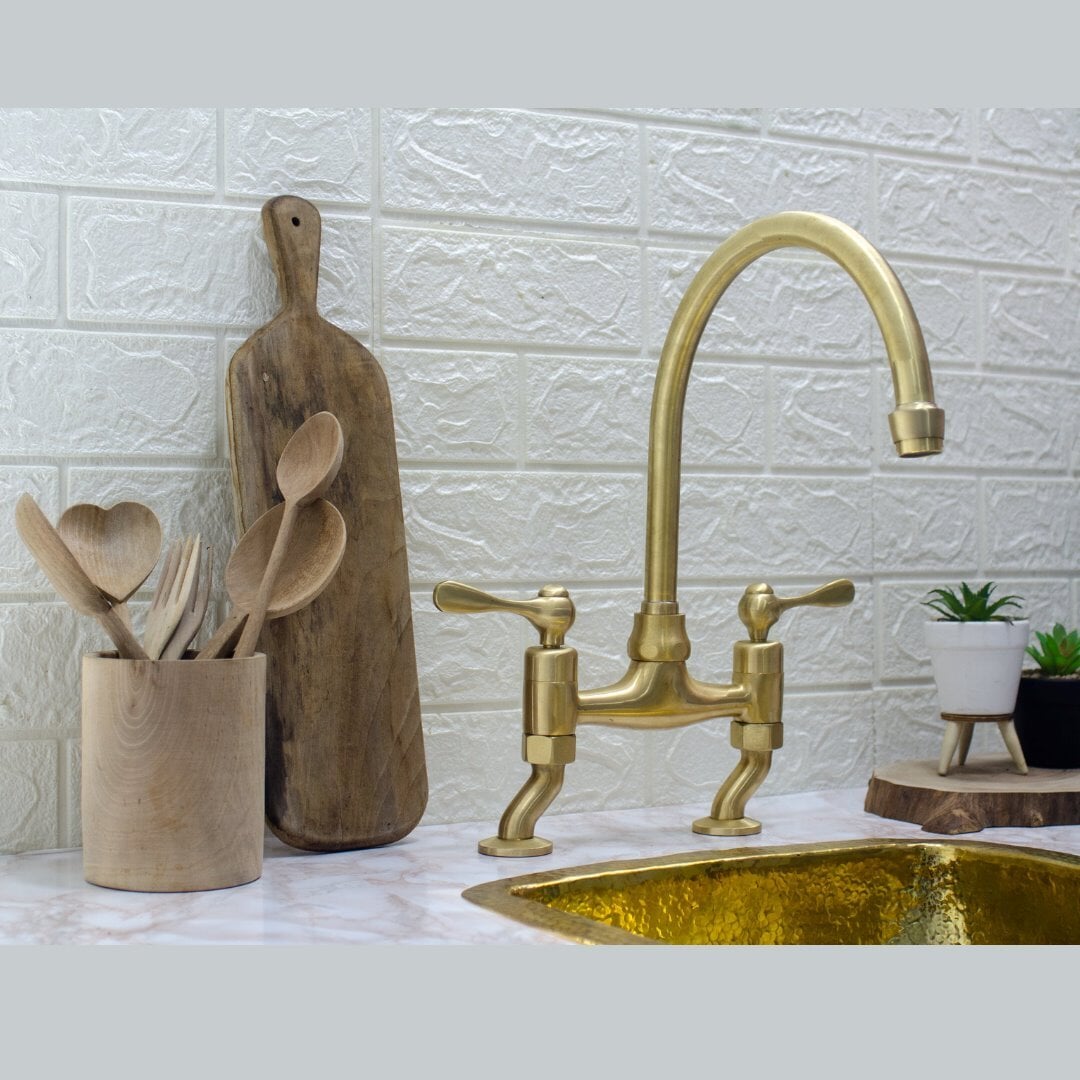 Unlacquered Brass Kitchen Faucet - Unlacquered Brass Bridge Faucet NCB01