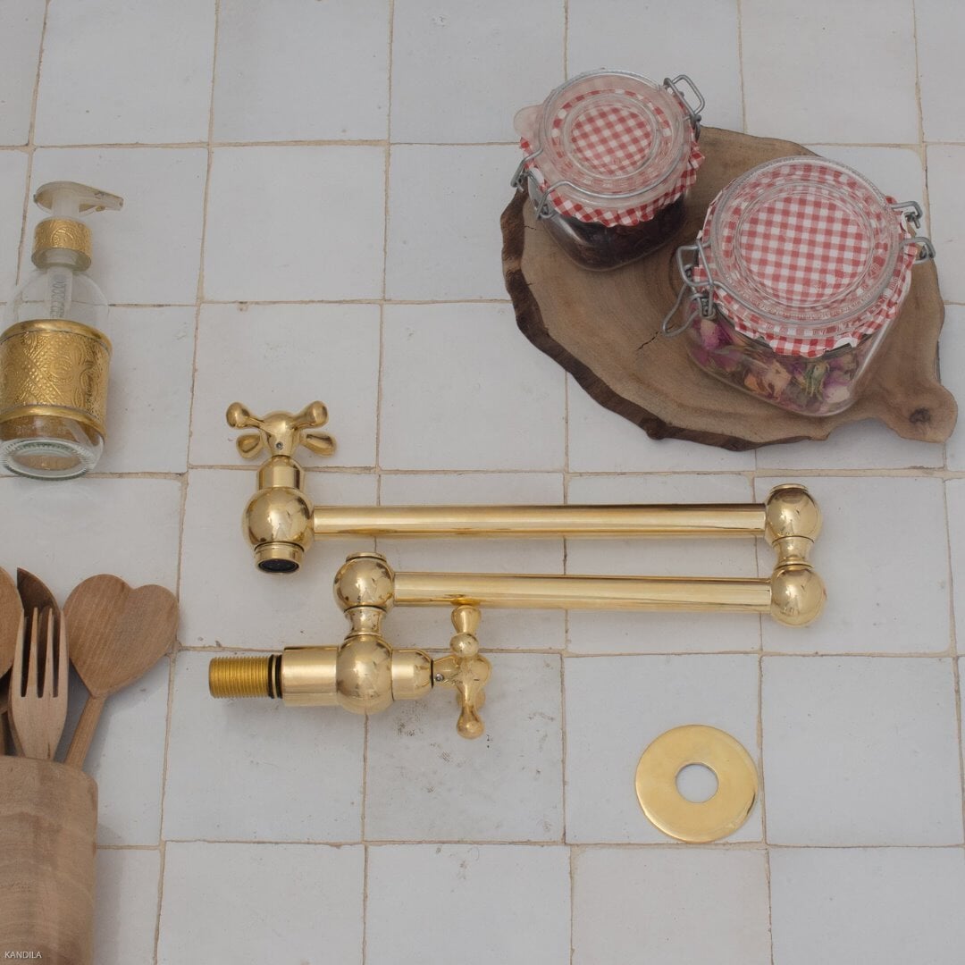 Unlacquered Brass Pot Filler Kitchen Faucet, Stove Pot, Wall Mount Pot Filler