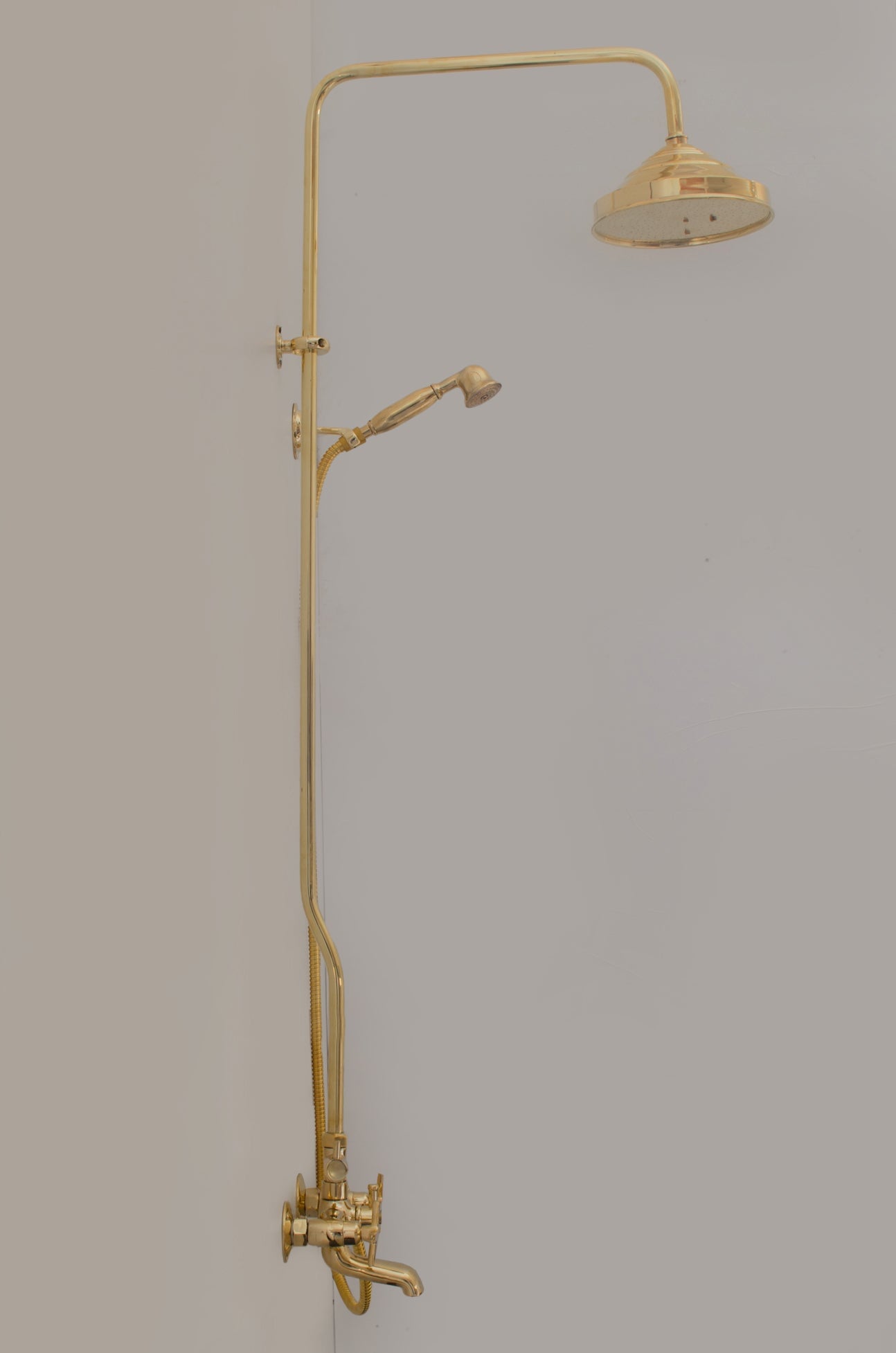 Unlacquered Brass Shower System - Tub Filler Exposed Pipe Rain Shower and Handheld