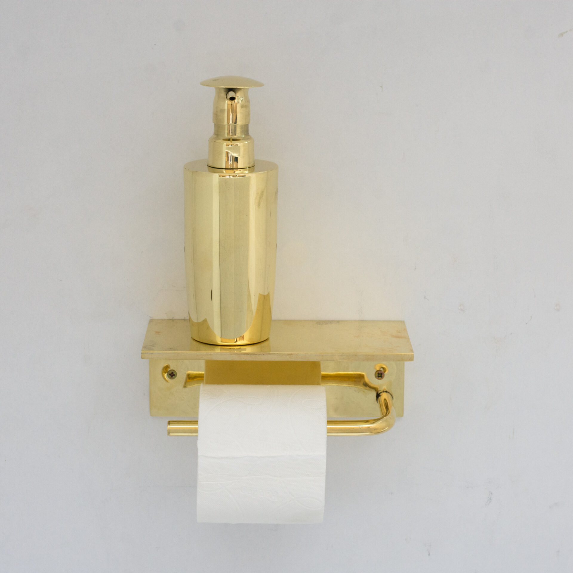 Unlacquered Brass Bathroom Floating Shelf With Hook, Wall Mount Shelf With Toilet Paper Holder