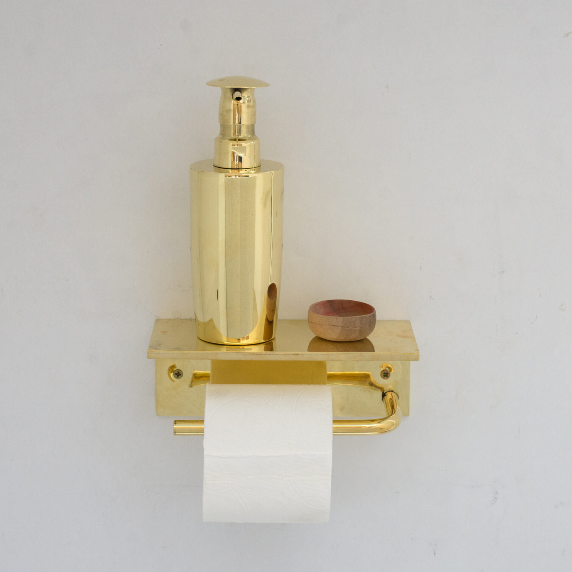 Unlacquered Brass Bathroom Floating Shelf With Hook, Wall Mount Shelf With Toilet Paper Holder