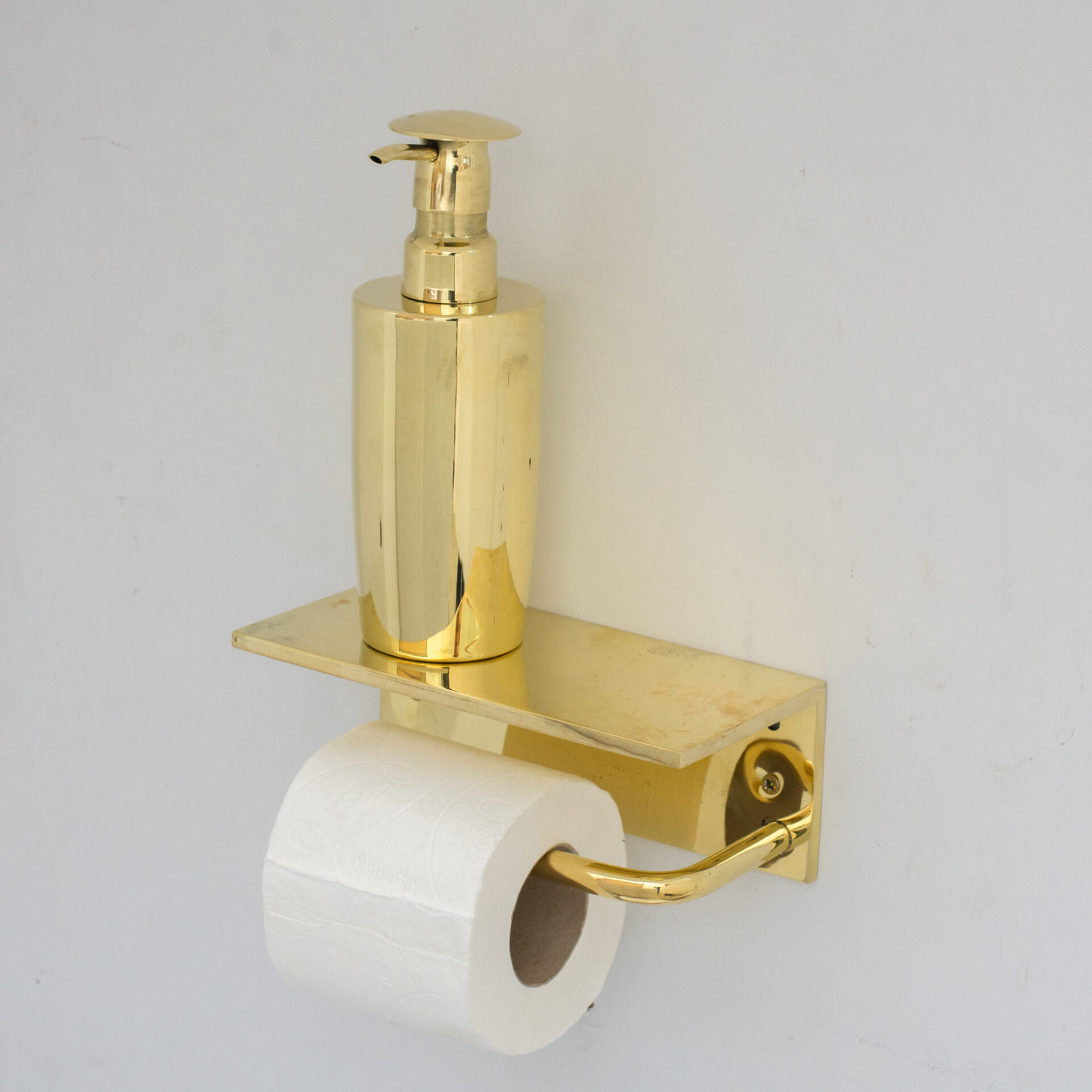 Unlacquered Brass Bathroom Floating Shelf With Hook, Wall Mount Shelf With Toilet Paper Holder