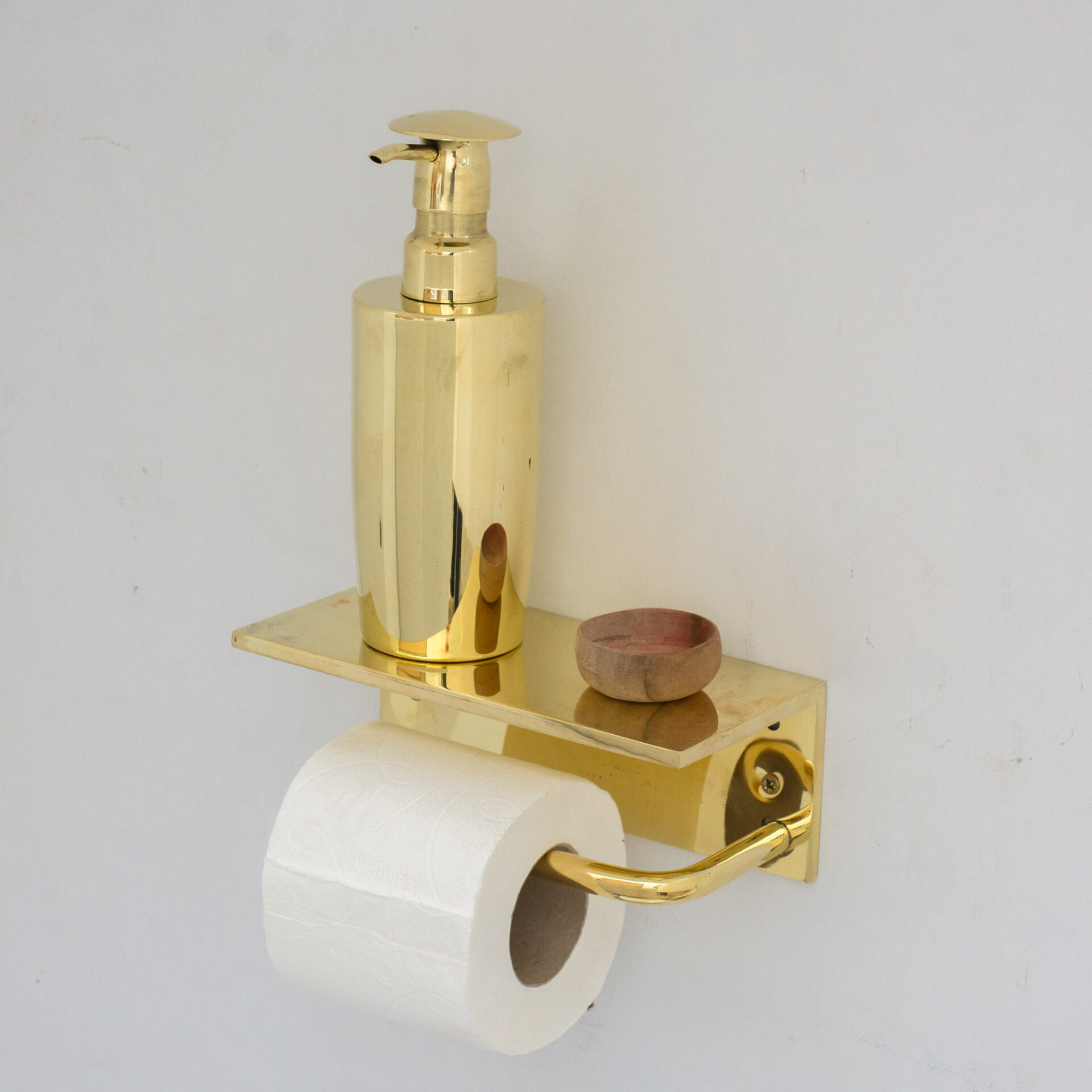 Unlacquered Brass Bathroom Floating Shelf With Hook, Wall Mount Shelf With Toilet Paper Holder