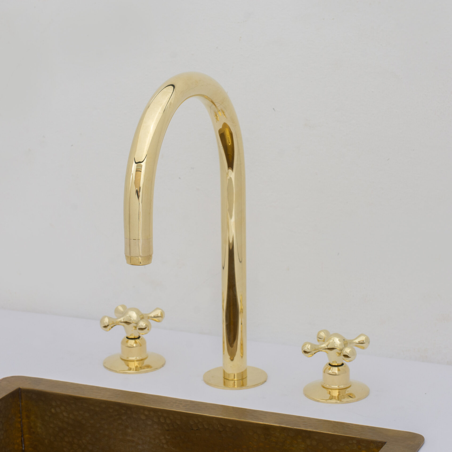 Unlacquered Brass Widespread Kitchen Faucet, Solid Brass 3-Holes Deck Mount Faucet, Simple Cross Handles