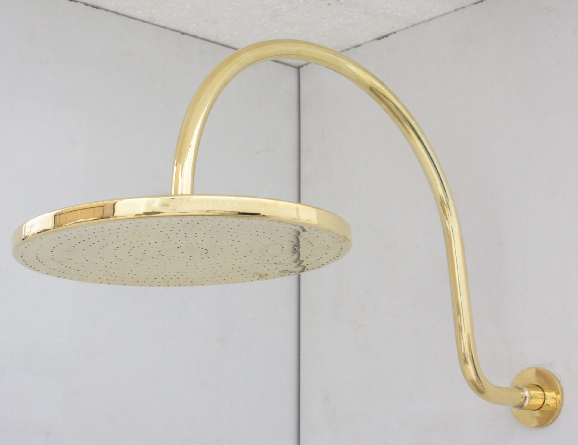 Unlacquered Brass Gooseneck Shower Arm With Rainfall Showerhead, Solid Brass Wall Mounted Shower Arm