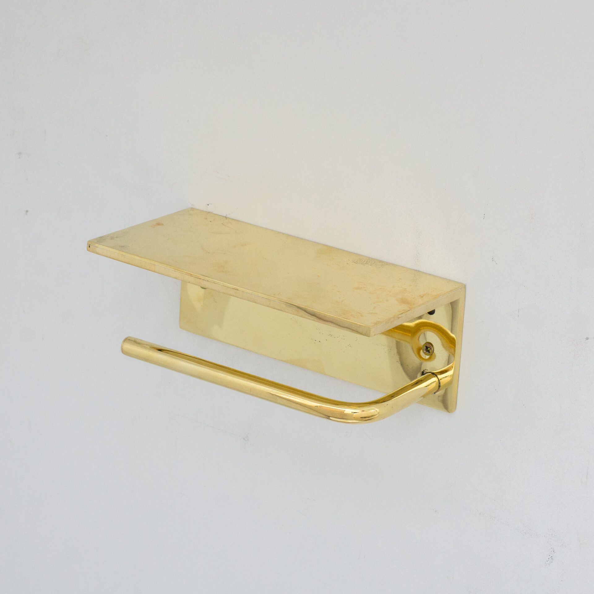 Unlacquered Brass Bathroom Floating Shelf With Hook, Wall Mount Shelf With Toilet Paper Holder