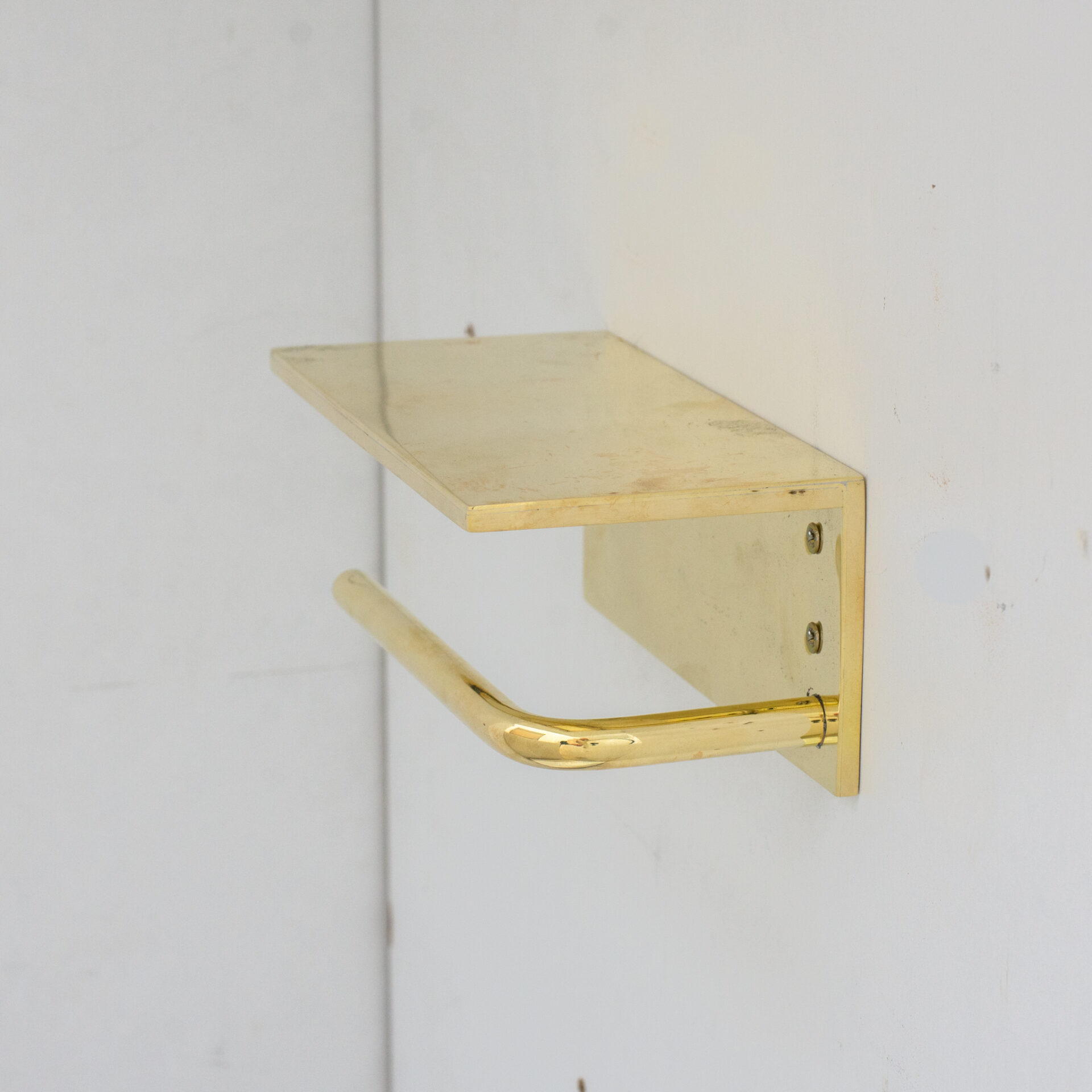 Unlacquered Brass Bathroom Floating Shelf With Hook, Wall Mount Shelf With Toilet Paper Holder