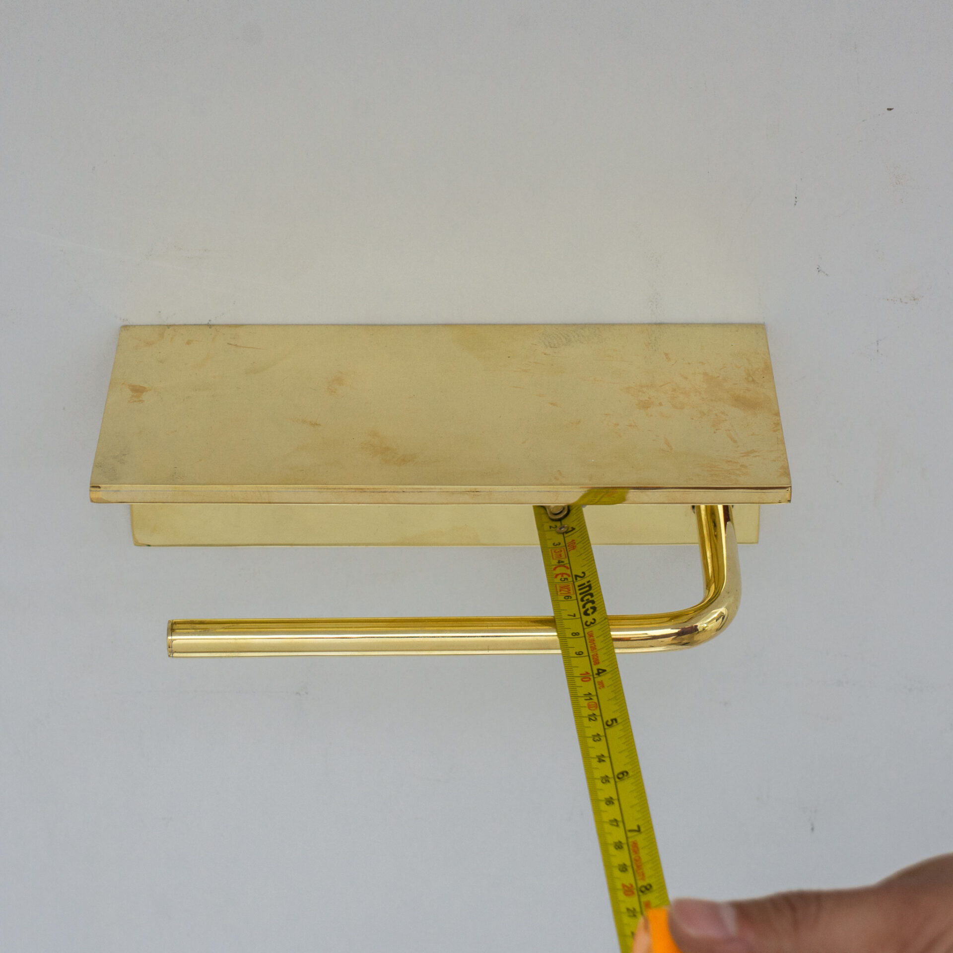 Unlacquered Brass Bathroom Floating Shelf With Hook, Wall Mount Shelf With Toilet Paper Holder