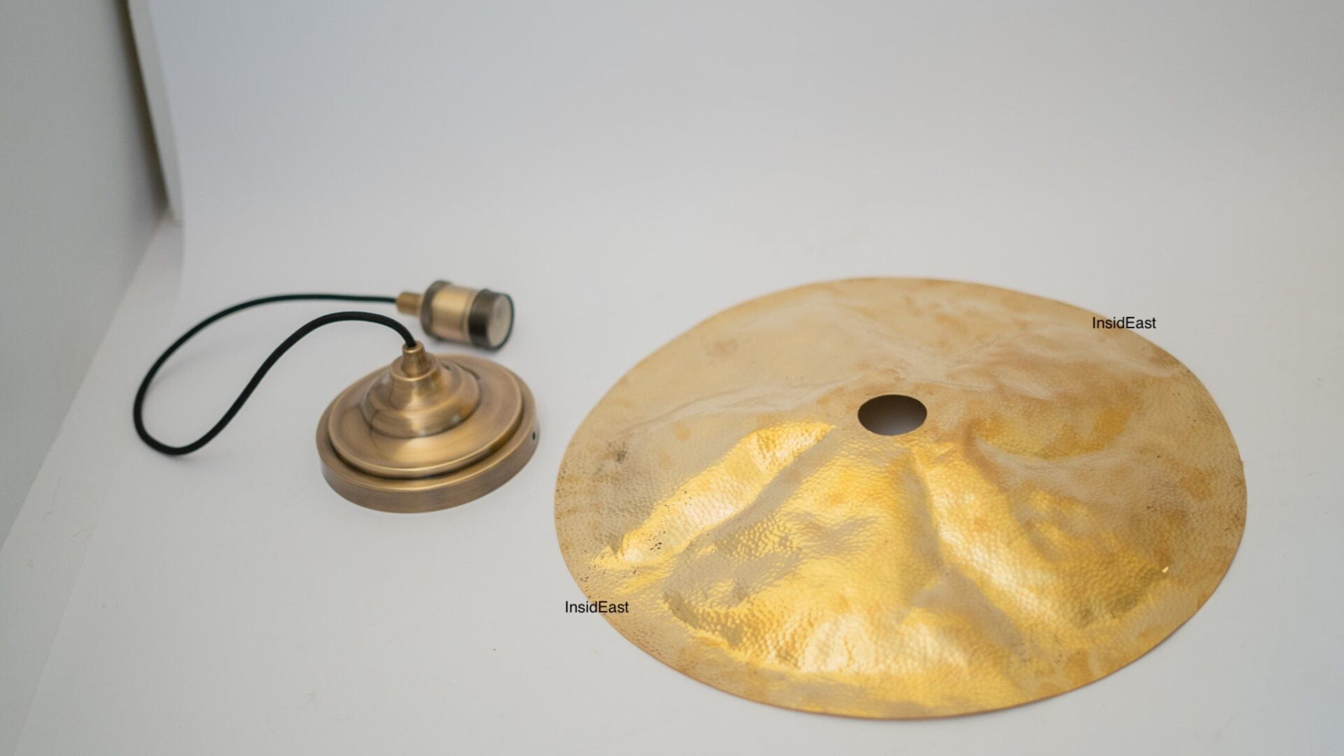 Hammered Brass Flat Disc Pendant Light, Brass Plate Lampshade, Flat Circle Shade