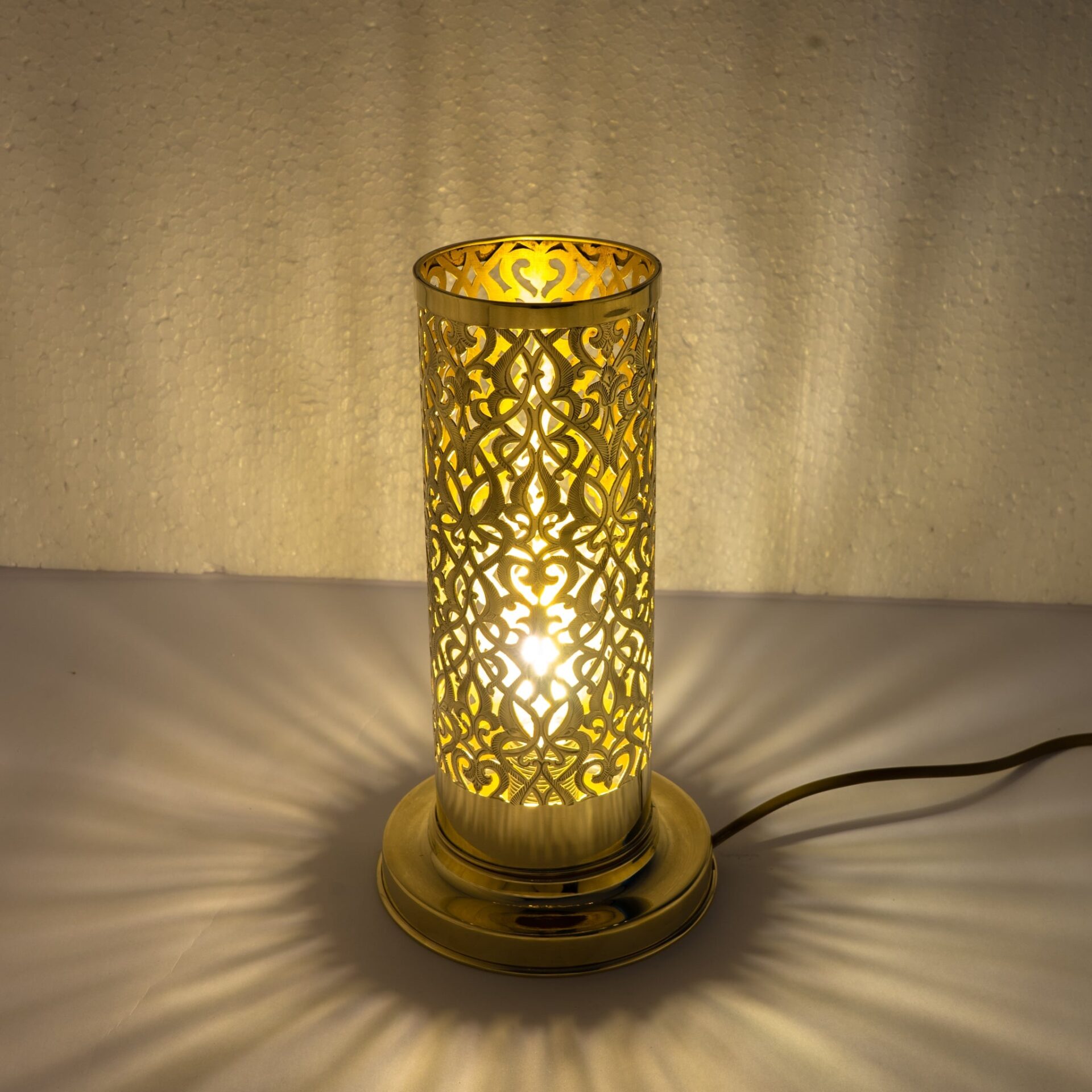 Unlacquered Brass Table Light, Pierced Bedside Lamp, Brass Cylinder Base Lamp